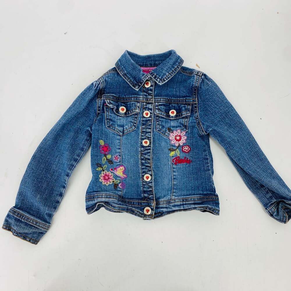 Vintage Barbie Denim Jacket Girls 4T Embroidered Flowers Y2K Toddler Jean Coat
